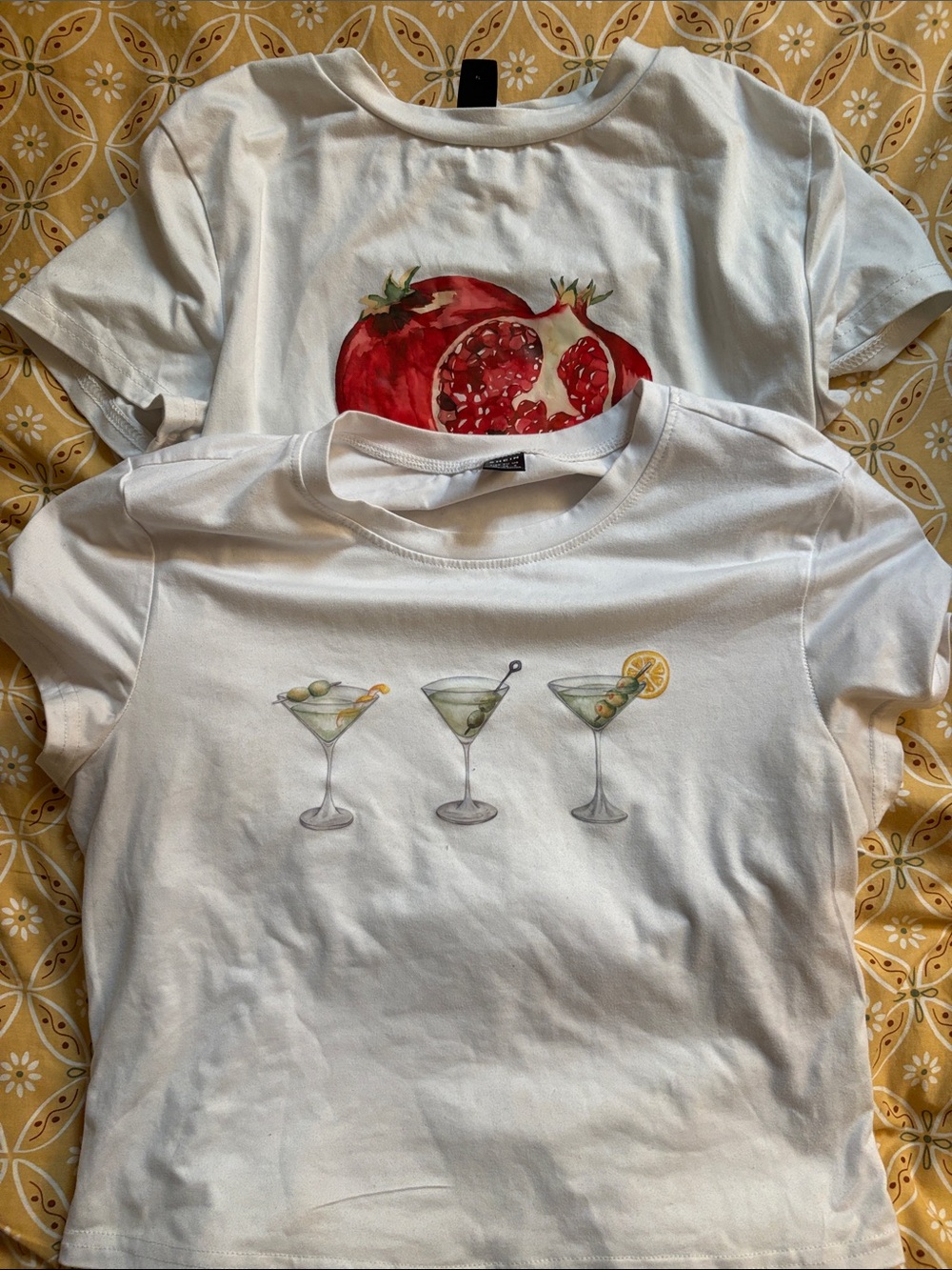 SHEIN White Short-Sleeve Graphic Tee with Martini Trio and Pomegranate Print
